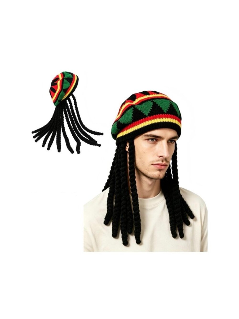 Rasta Hat With Dreadlocks Costume Jamaican Reggae Yellow Green Party Hat